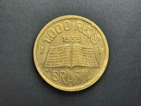 V156 - Moedas de 1000 réis de 1935, Sob/FC, Padre José Anchieta, bronze alumínio, 26mm