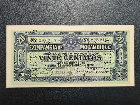 Moçambique, colônia portuguesa, cédula 20 centavos, 1933, FE, 58x121mm, com furos de cancelamento - comprar online