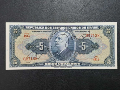 C017 - Cédula de 5 cruzeiros, de 1943, FE, autografada - comprar online