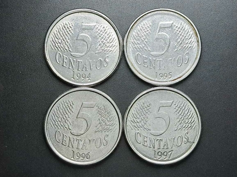 V442 a 445 - Moedas de 5 centavos de 1994 a 1997, circuladas mas em muito bom estado de conservação, aço inoxidável, 21mm - comprar online