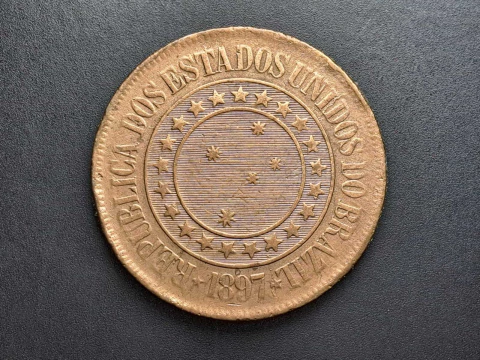 B821 - Moeda de 40 réis de 1897, MBC/Sob, bronze, 30mm - comprar online