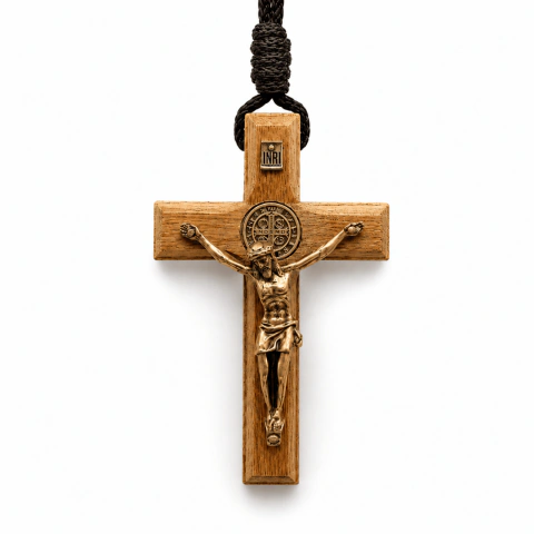 Colar Cordão Crucifixo Madeira Coroinha 7 cm Com São Bento