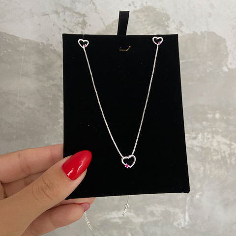 CONJUNTO CORAÇÃO PONTO ROSA PRATA