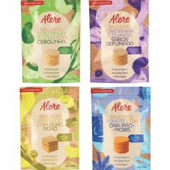 Kit 4 Biscoitos Sem Glúten Vegano Alere 70g de cada sabor - Tomate, Cebolinha, Alho Poró e Castanha - 280g