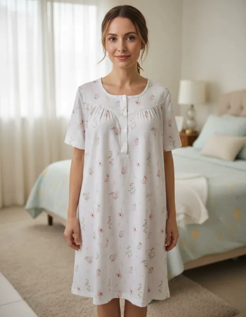 Camisón manga corta con botones cartera de algodón estampado (5628)