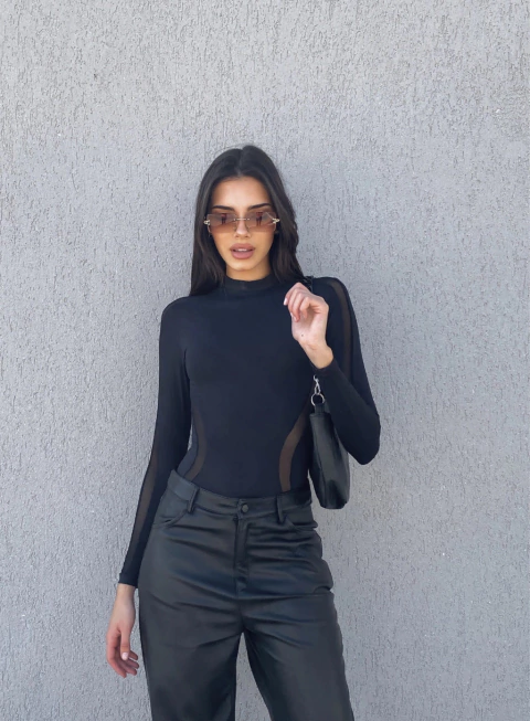 Body manga larga media polera de microfibra con tul (5758) - comprar online