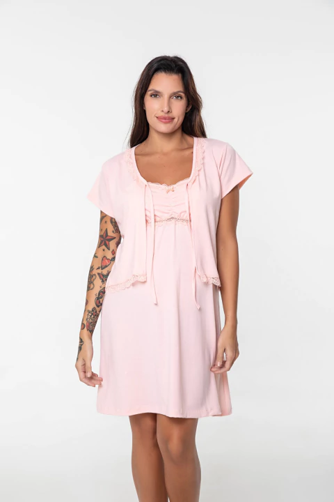 Conjunto maternal camisón bretel fino y mañanita de modal liso con puntilla Turin (26050)