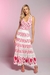 Vestido jacquard com estampa de rosas em tons de rosa e branco, com decote em V e saia longa.