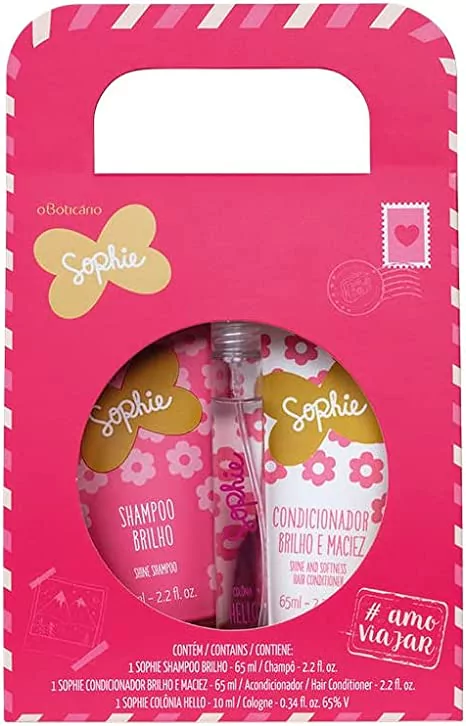 Kit Sophie #AMOVIAJAR Miniaturas: Shampoo 65ml + Condicionador 65ml + Colônia Hello 10ml