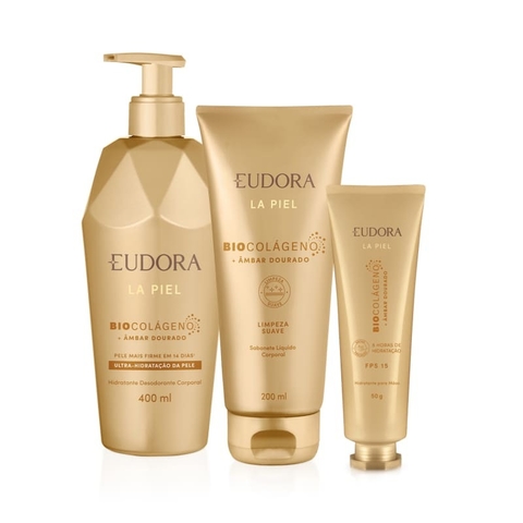 Combo La Piel Âmbar Dourado: Hidratante Corporal 400ml + Creme para Mãos 50g + Sabonete Líquido 200ml