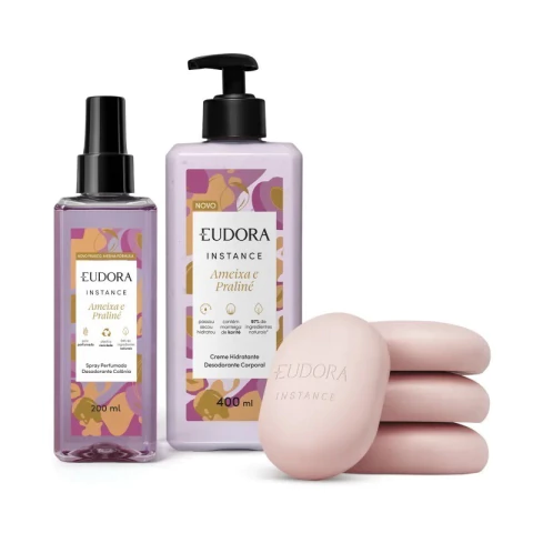 Combo Instance Ameixa e Praliné: Sabonete em Barra Perfumado 4x80g + Creme Corporal 400ml + Spray Perfumado 200ml