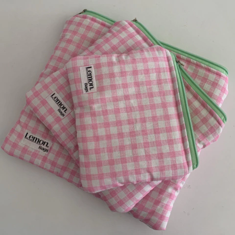 Necessaire Slim - Xadrez rosa + verde limão