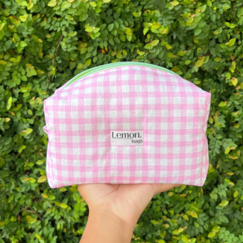 Necessaire Box - Xadrez rosa + verde limão