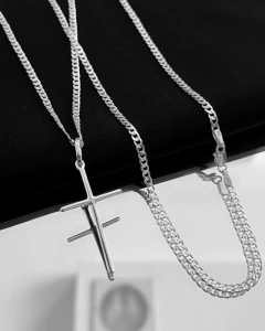 Corrente Grumet 2mm x 70cm e Pingente Cruz - 7 gramas - Prata 925