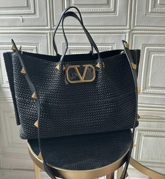 Bolsa VLTN VLogo Em Ráfia Preta Italiana