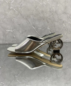 Sandália Salto Interlocking Gucci Prateada Italiana