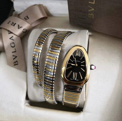 Relógio Bulgari Serpenti Dourado e Prata Fundo Preto Duas Voltas Italiana