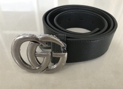 Cinto Gucci Largo GG Preta Couro Legítimo Fivela Prata Italiana
