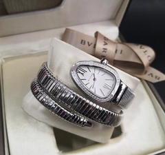 Relógio Bulgari Serpenti Prata com Fundo Branco e Brilho Duas Voltas Italiana