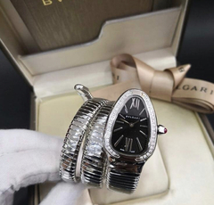 Relógio Bulgari Serpenti Prata com Fundo Preto e Brilho Duas Voltas Italiana