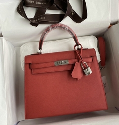 Bolsa Hermes Kelly 25 Epsom Vermelha e Prata Italiana