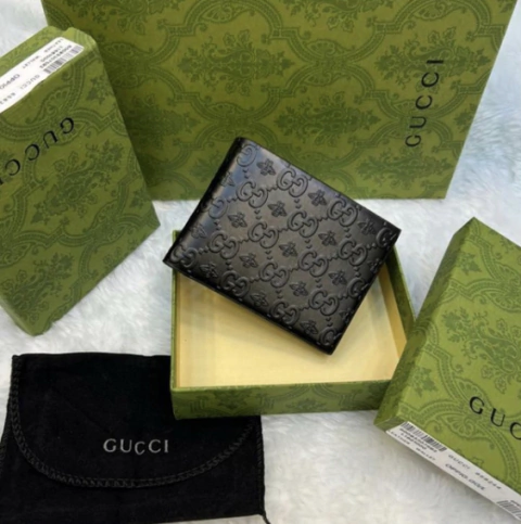 Carteira Gucci Abelha Alto Relevo Masculina Preta Italiana
