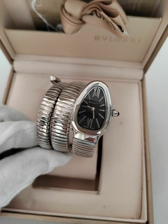Relógio Bulgari Serpenti Prata com Fundo Preto Duas Voltas Italiana