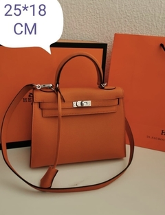 Bolsa Hermes Kelly 25 Epsom Laranja Prata Italiana