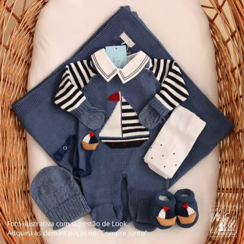 Kit Saída de Maternidade Marinheiro Mike com 3 Peças Macacão com Body e Manta Azul Jeans