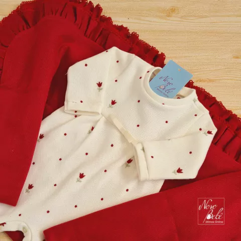 Kit Saída de Maternidade Tricotil 2 Peças Tulipa Helena Bordado Vermelho