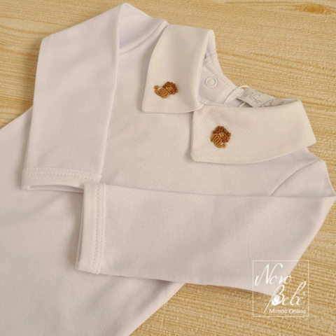 Body Bebê Suedine com Gola Leão Alberto - Branco com Bege