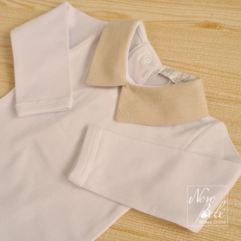 Body Bebê Suedine com Gola Linho Clóvis - Branco com Bege