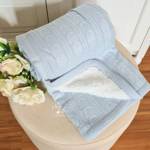 Cobertor Bebê Fio Tricot e Sherpa - Azul