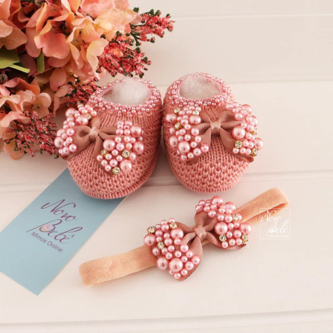 Conjunto Bebê Sapatinho e Faixa Laço, Pérolas e Strass Ster - Rosê