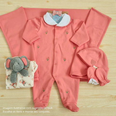 Saída de Maternidade Algodão Egípcio Tulipa Louise Rosa Goiaba