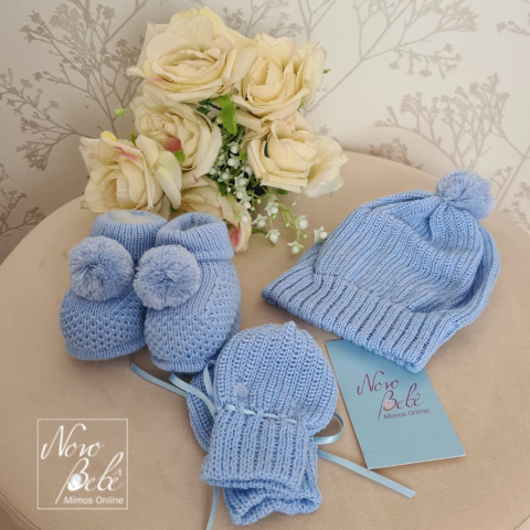 Kit Bebê Touca, Luva e Sapatinho Pompom Didi - Azul