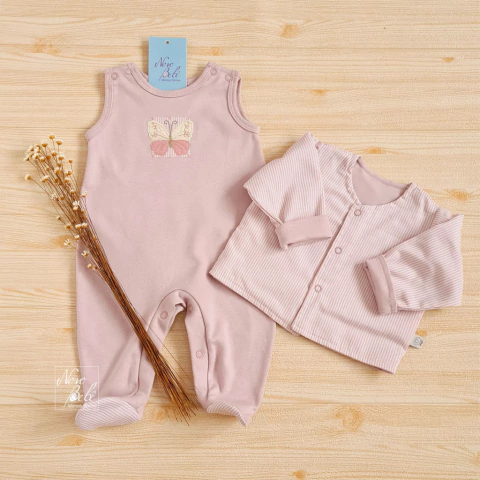 Conjunto Bebê Casaco e Jardineira Algodão Egípcio Borboleta Deise - Rosê