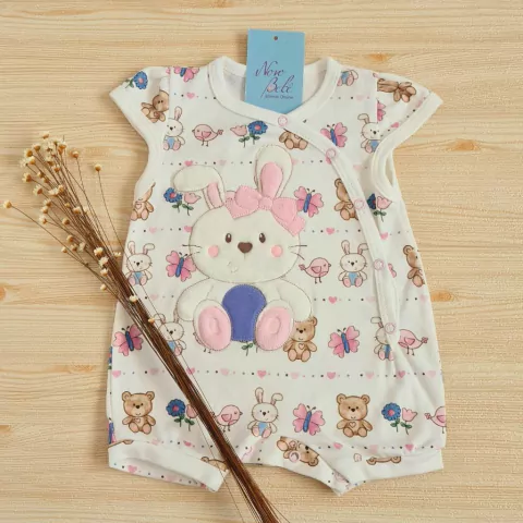 Macaquinho Bebê Suedine Bordado Coelha Pró - Rosa