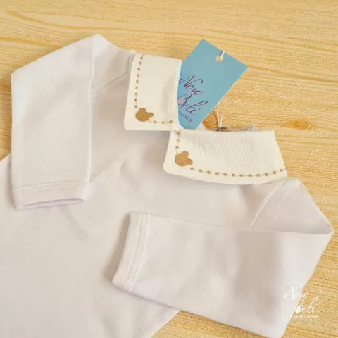 Body com Gola Bordada Urso Bege - Branco