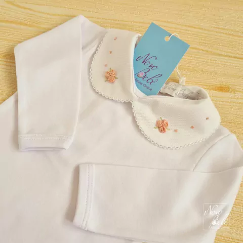 Body com Gola Bordada Flor Rococó Poá Rosê Joyce - Branco