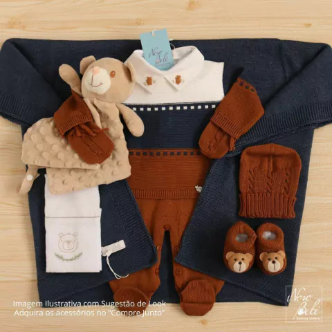 Kit Saída de Maternidade Urso Augusto Caramelo com 3 Peças Macacão com Body e Manta