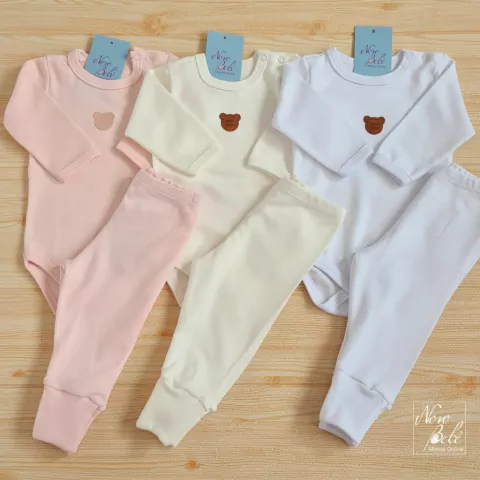 Kit 6 Peças Algodão Egípcio Body e Calça Océane Menina Rosa, Marfim e Branco