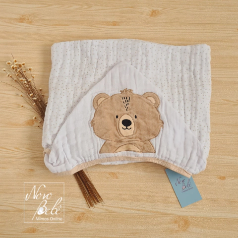 Toalha Banho Bebê Fraldas Soft com Capuz Bordado Ursinho Flyffy - Bege