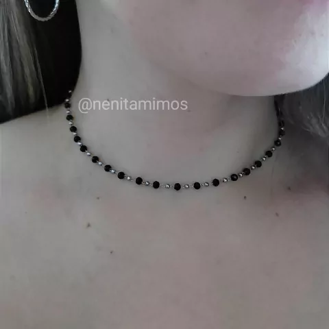 Chocker cristais preto e mini bolinhas em aço inoxidável