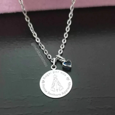 Colar Nossa Senhora Aparecida em aço inoxidável e mini zircônia coração azul - comprar online