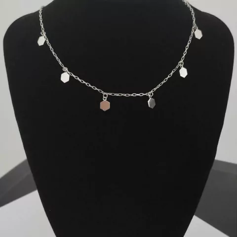 Colar chocker hexágonos em aço inoxidável prata minimalista medalhinhas