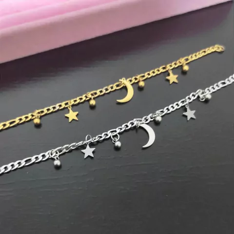 Pulseira lua estrelas e bolinhas em aço inoxidável prata ou com banho dourado corrente grossa