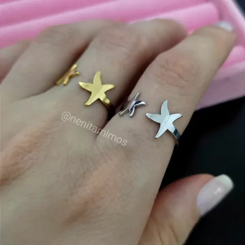 Anel estrela do mar regulável em aço inoxidável prata ou com banho dourado