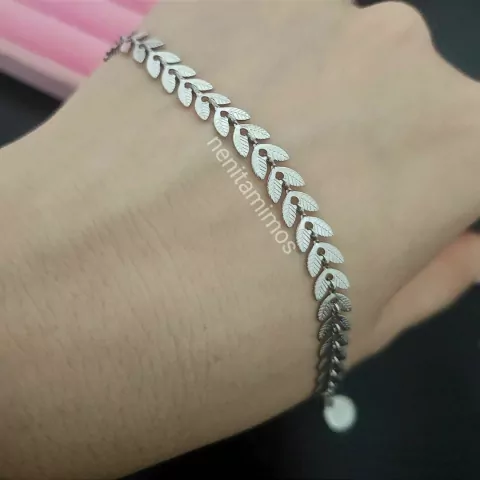 Pulseira folhinhas trabalhadas em aço inoxidável prateado setas escama de peixe setinhas