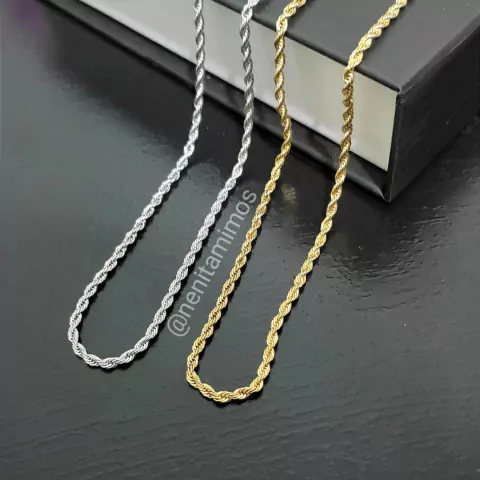 Corrente fio baiano em aço inoxidável prateado ou com banho dourado 60cm unissex masculina